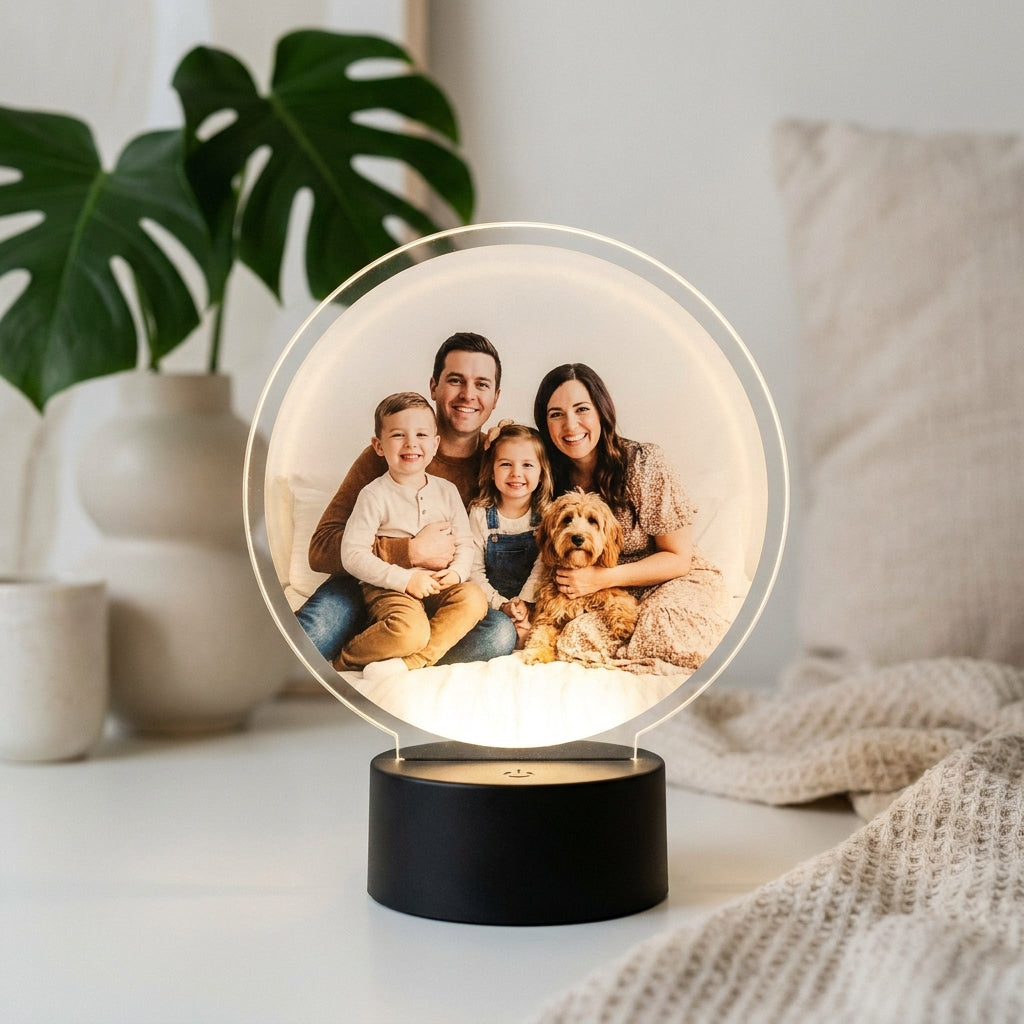 Lámpara circular de familia personalizada con nombres LED metacrilato