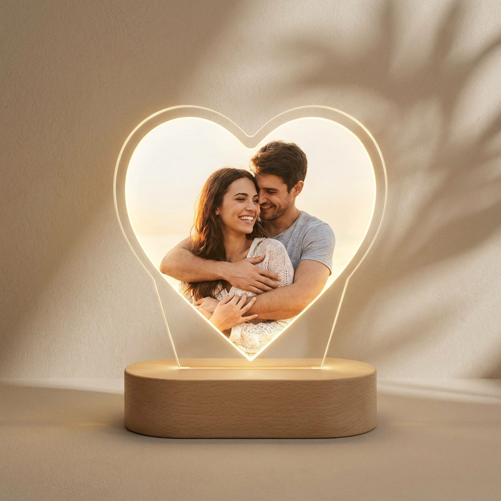 Lámpara corazón de pareja beige personalizada con nombres LED metacrilato