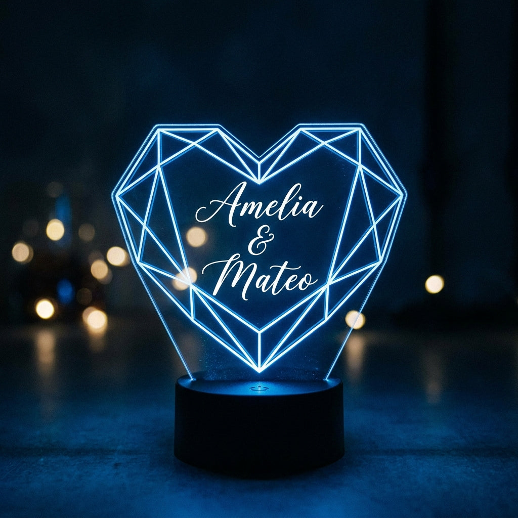 Lámpara corazón geométrico azul personalizada con nombres LED metacrilato