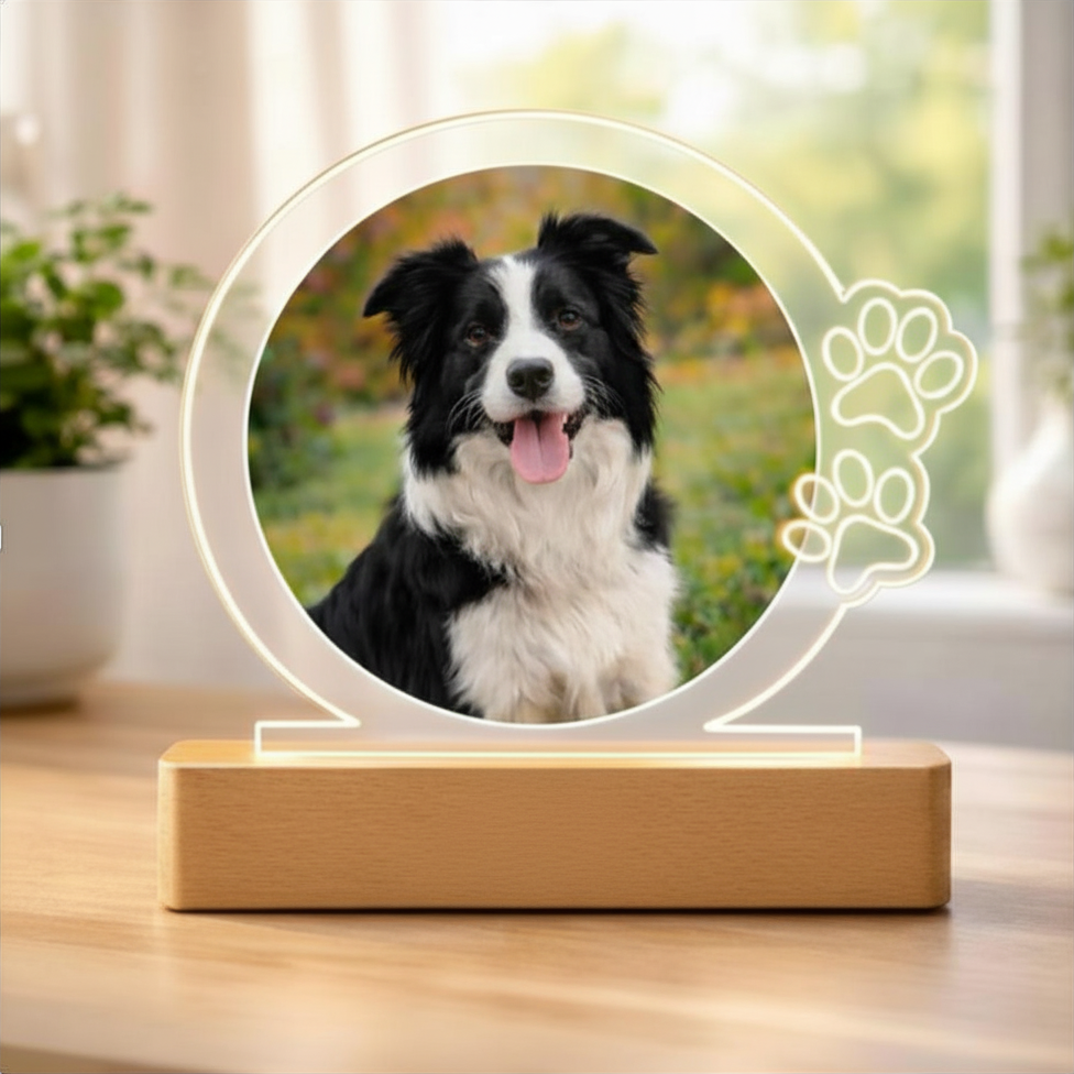 Lámpara Foto Familia con Mascotas Personalizada | LED Metacrilato Madera