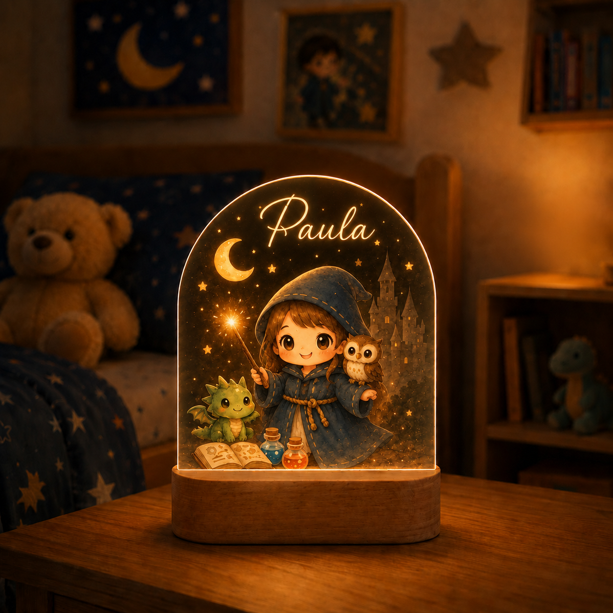 Lámpara mago infantil personalizada, variante Chica, diseño LAMGEN014