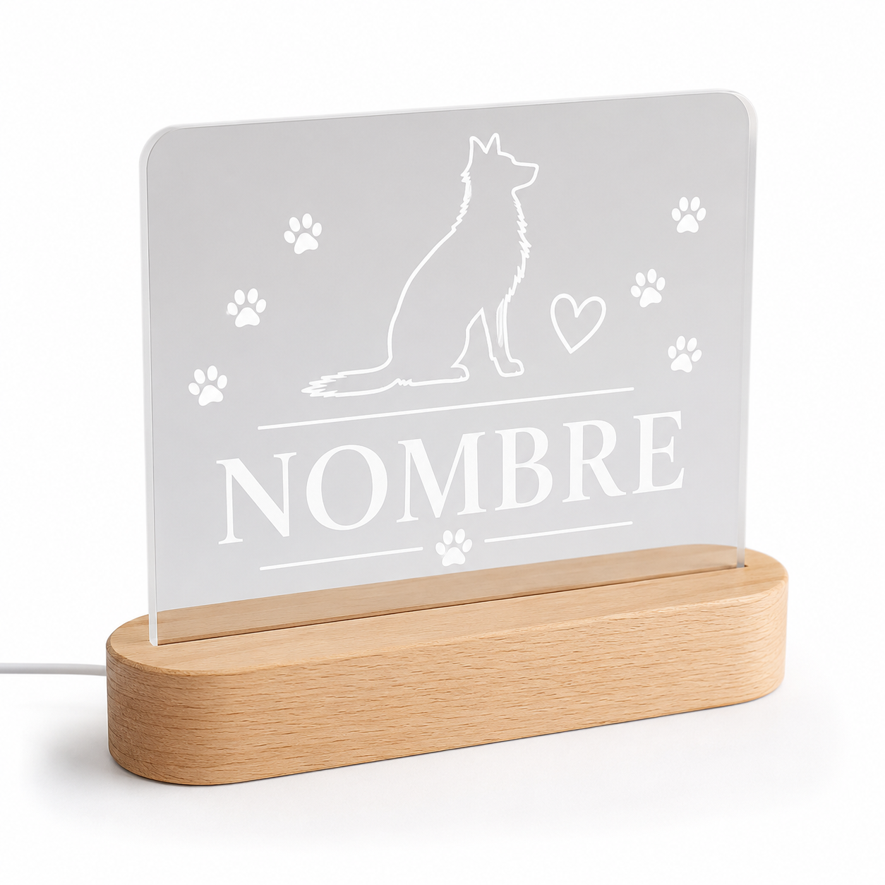 Lámpara LED personalizada para mascotas con nombre placa acrílica madera