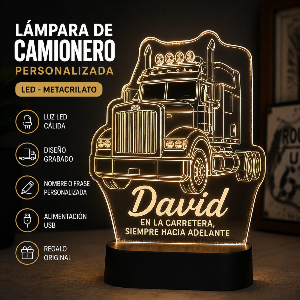 Lámpara de camionero personalizada LED metacrilato