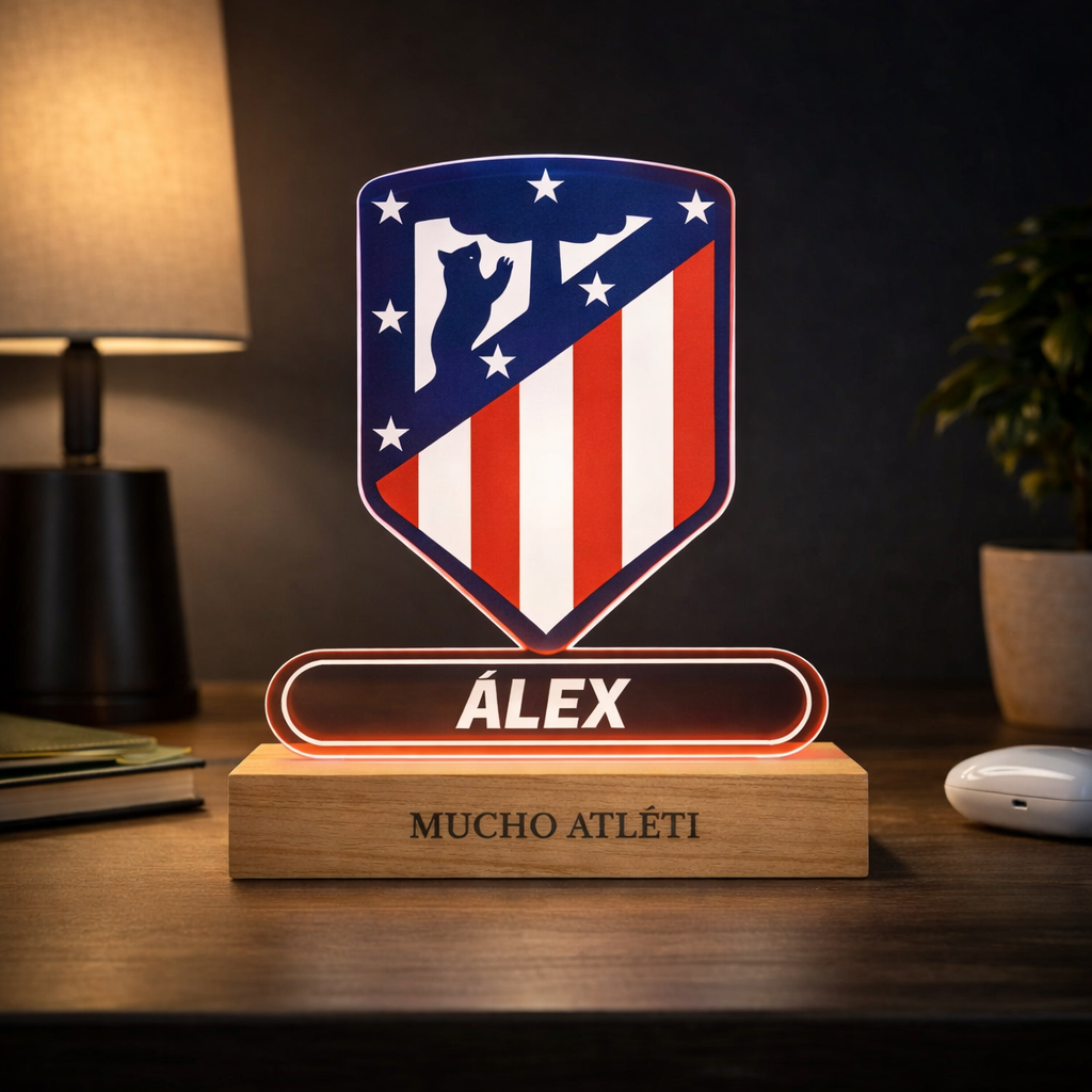 Lámpara Atlético de Madrid Personalizada con Nombre | Escudo Colchonero LED
