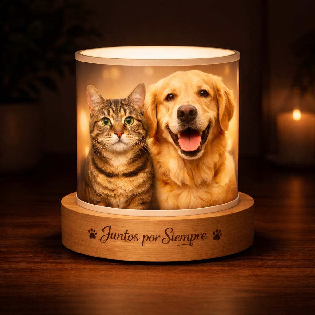 Lámpara con Foto de Dos Mascotas Personalizadas | LED Metacrilato Madera
