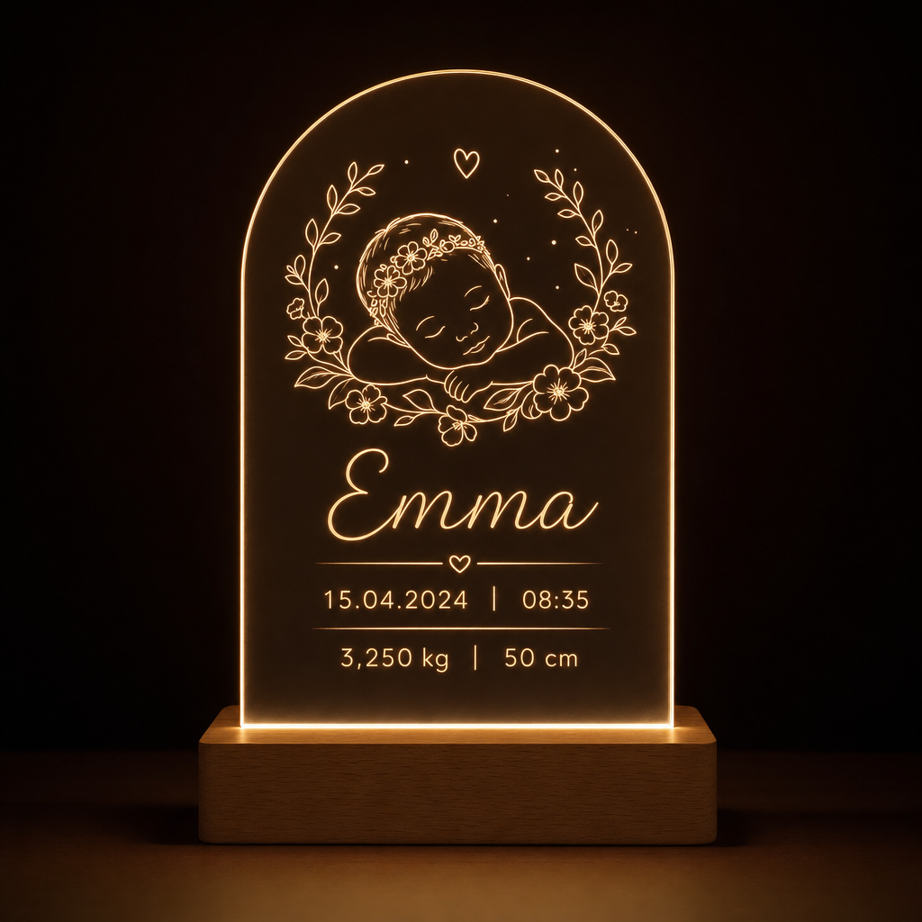 Lámpara con datos de nacimiento del bebé personalizada LED metacrilato