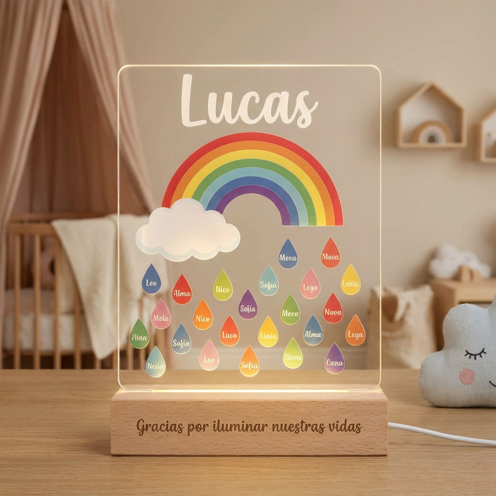 Lámpara infantil arcoíris gotas de colores personalizada con nombre LED metacrilato madera haya
