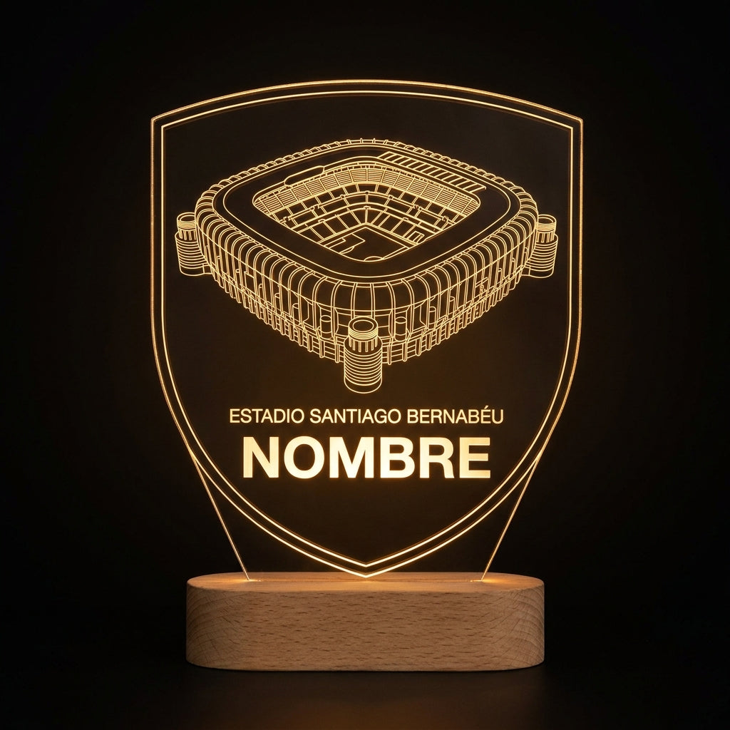 Lámpara LED metacrilato Real Madrid estadio Santiago Bernabéu personalizada con nombre