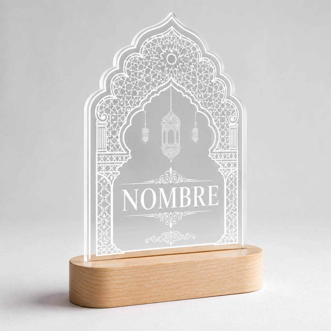 Lámpara árabe marroquí personalizada con nombre acrílico madera LED