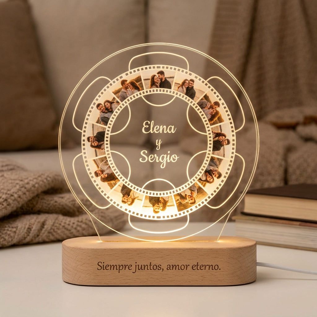 Lámpara carrete de fotos personalizada con nombres LED metacrilato madera haya