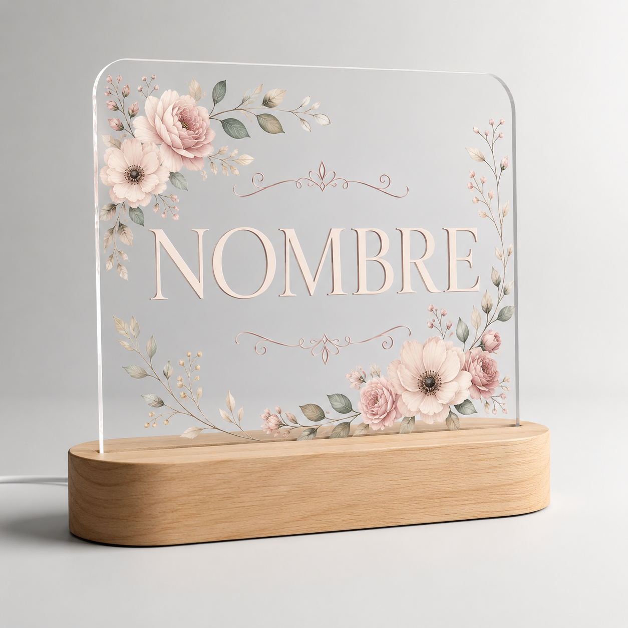 Lámpara personalizada floral con nombre decorativa LED madera