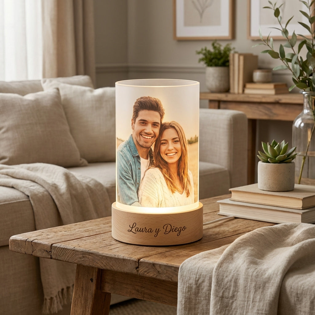 Lámpara cilíndrica con foto de pareja personalizada con nombres LED metacrilato madera haya