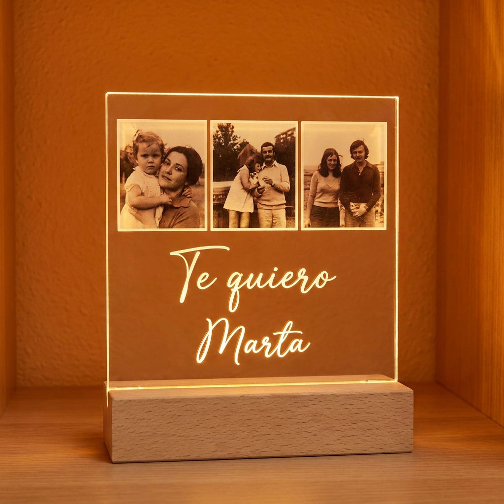 Lámpara fotos te quiero con nombre personalizada LED metacrilato madera haya