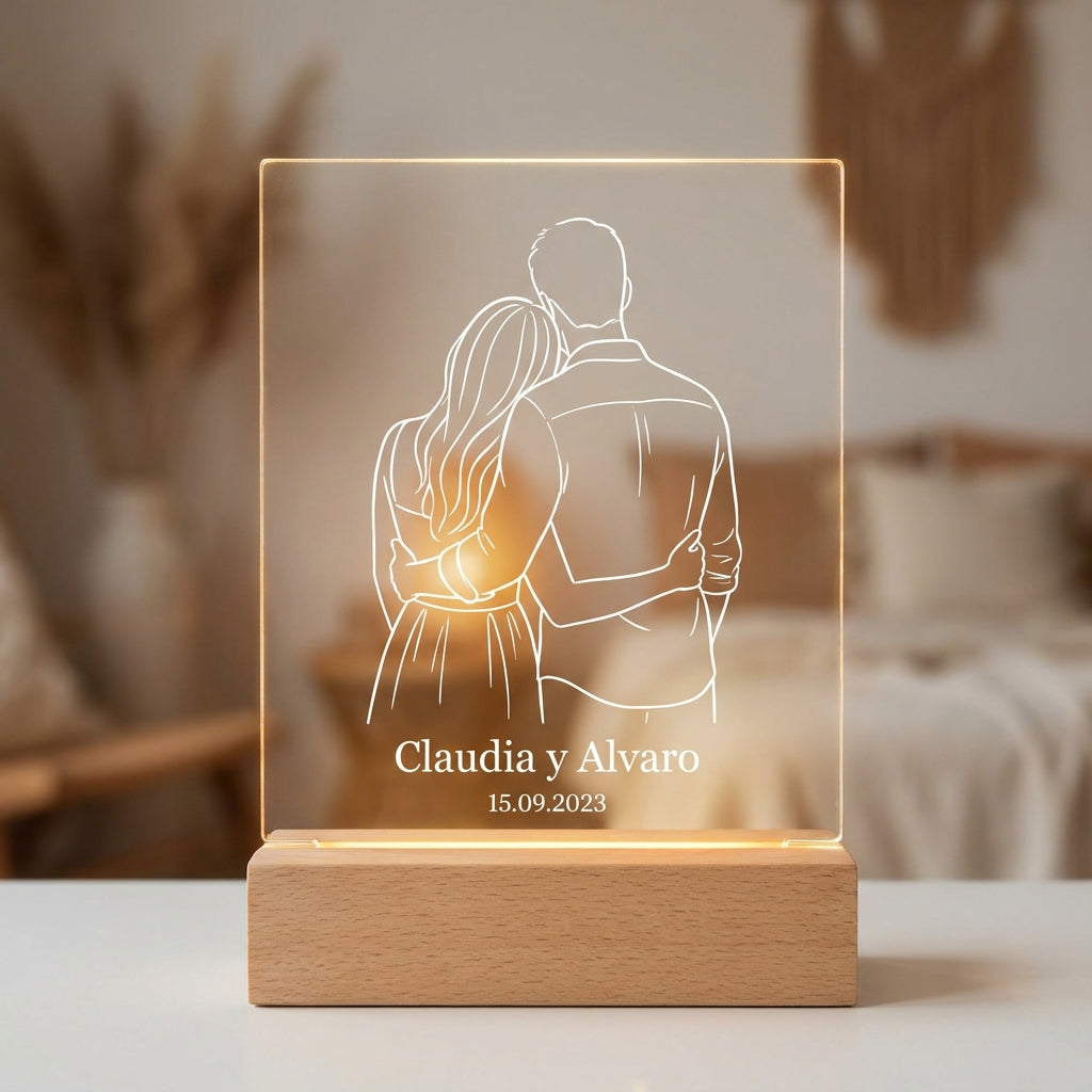 Lámpara ilustración de pareja line art personalizada con nombres LED metacrilato madera haya