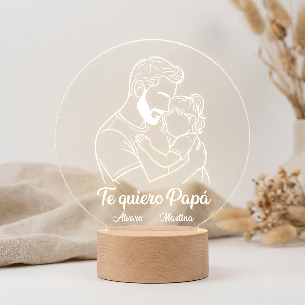 Lámpara papá line art padre e hijo personalizada con dedicatoria LED metacrilato madera haya