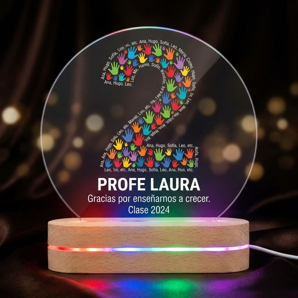 Lámpara para profesora manos y corazón personalizada con nombre LED metacrilato madera haya multicolor