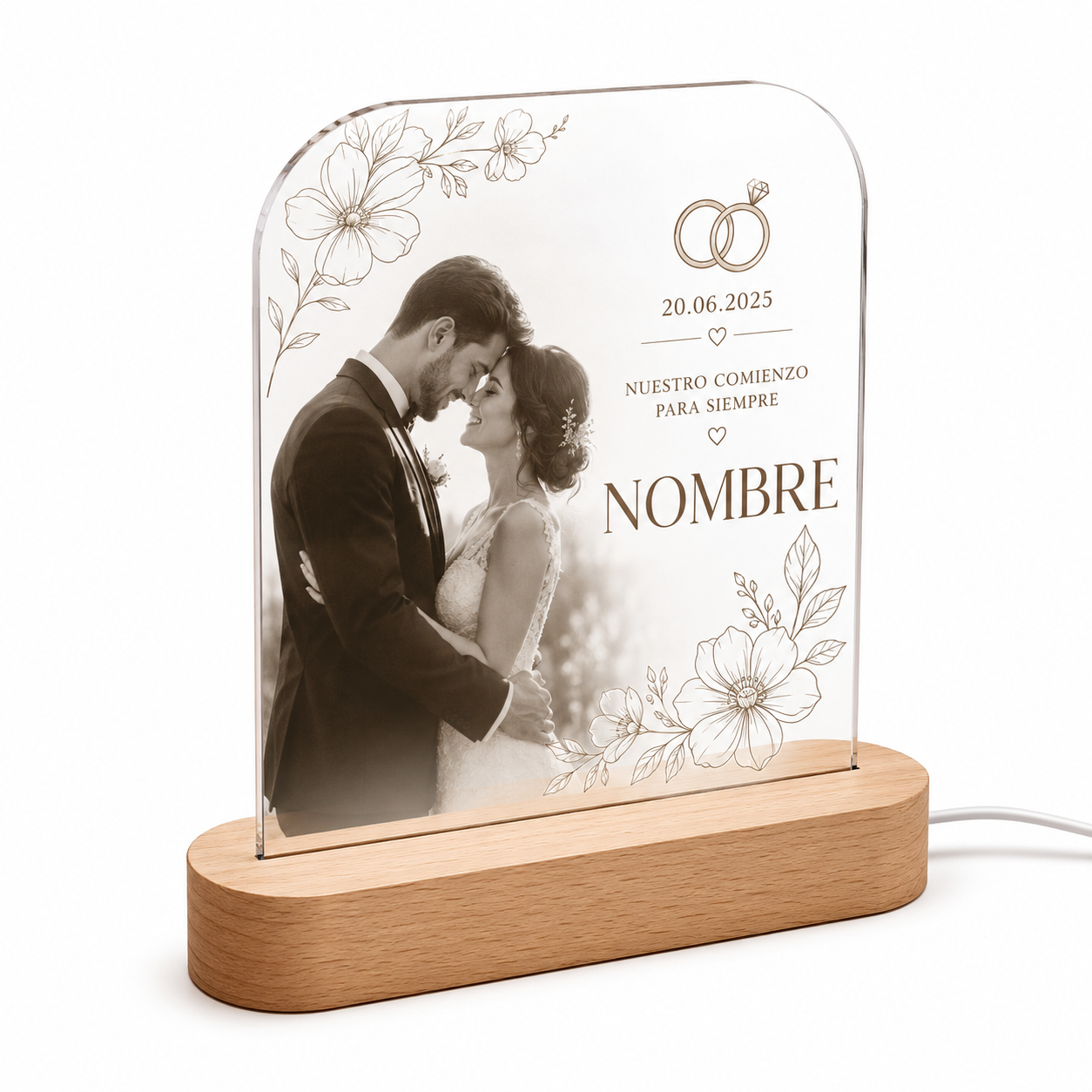 Placa acrílica personalizada para boda con nombres de novios y luz LED