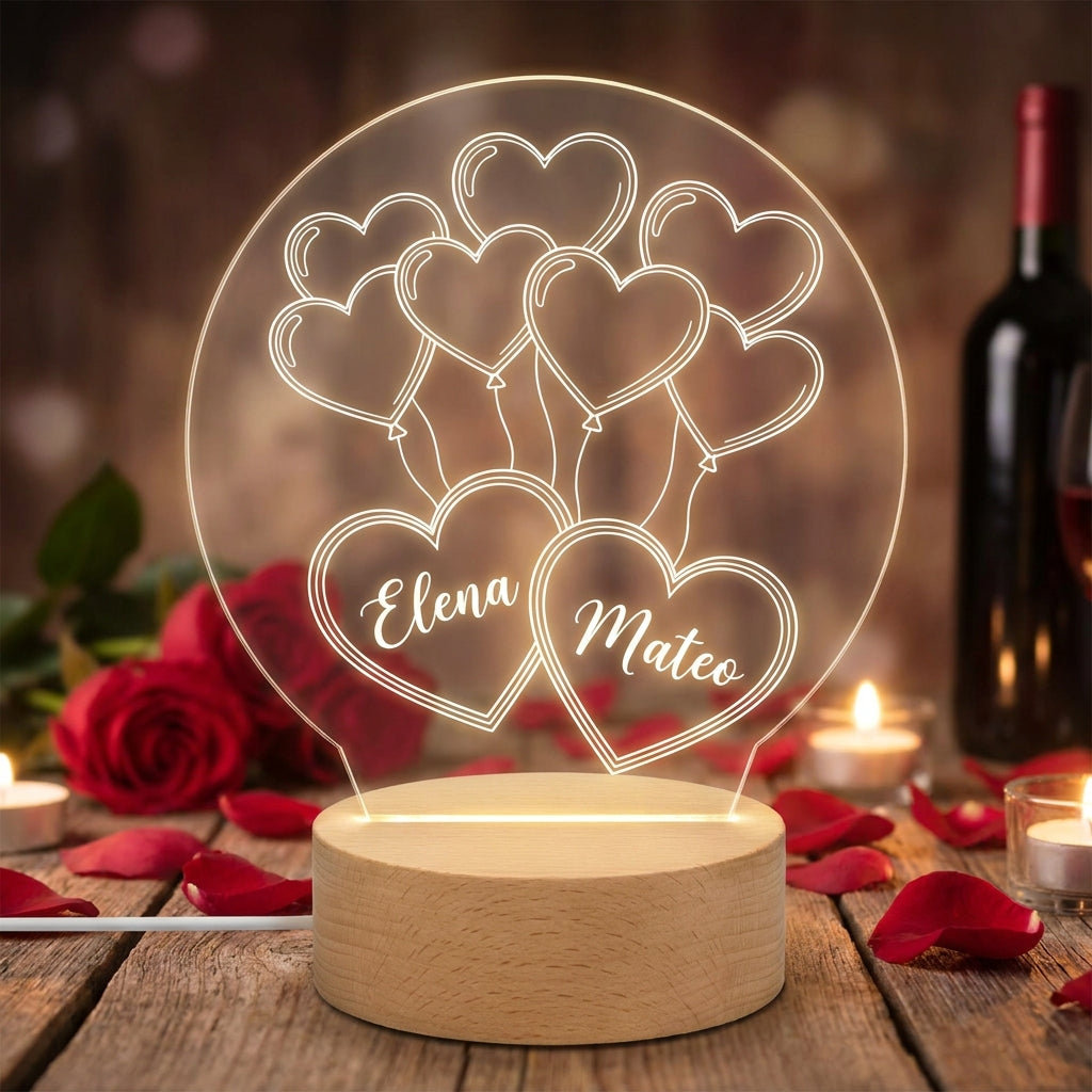 Lámpara globos de corazón con nombres personalizada LED metacrilato