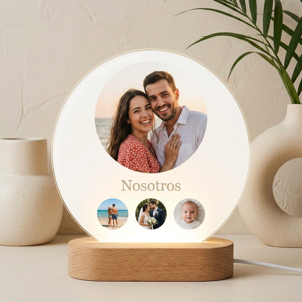 Lámpara minimalista con foto circular personalizada LED metacrilato