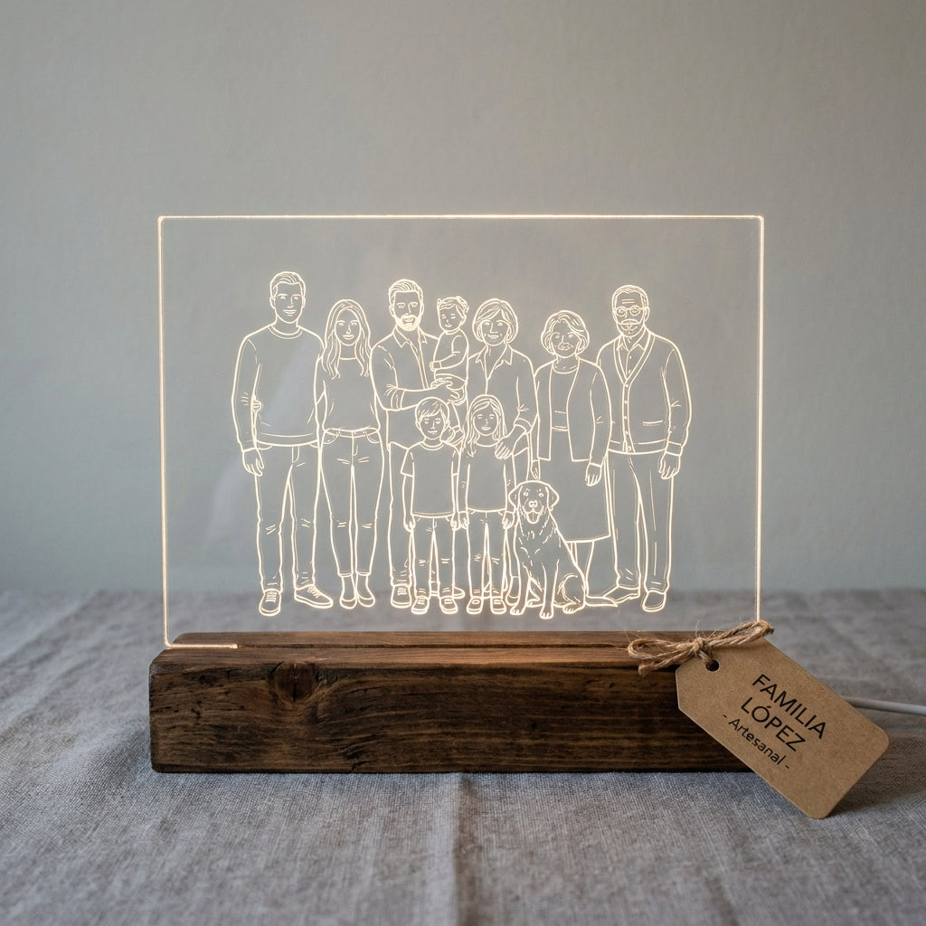 Lámpara familia line art oscura personalizada con nombres LED metacrilato