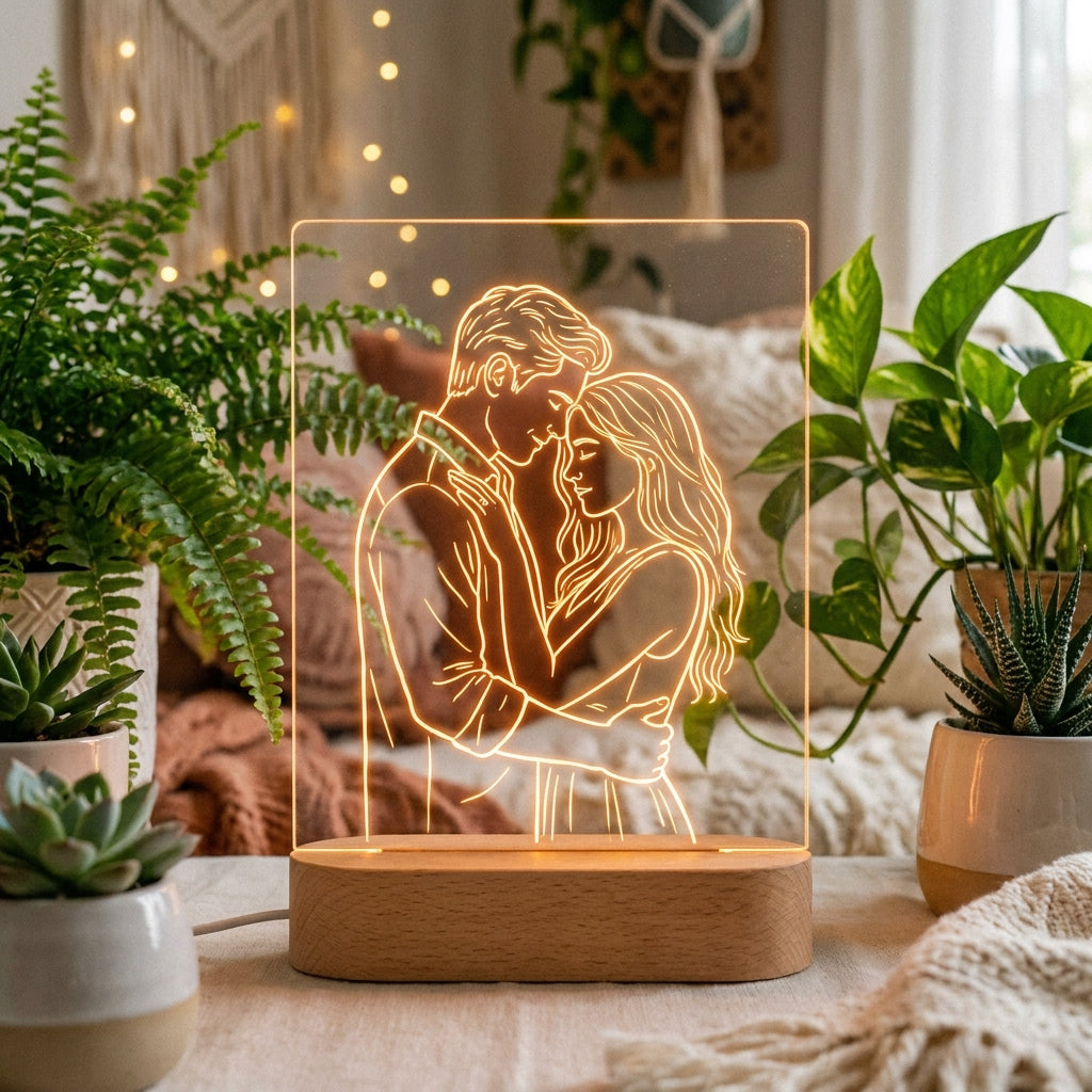 Lámpara de pareja line art naranja personalizada LED metacrilato