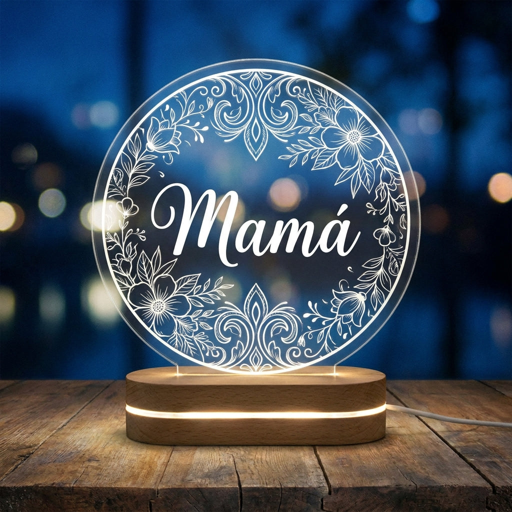 Lámpara mamá flores circular personalizada con nombre LED metacrilato