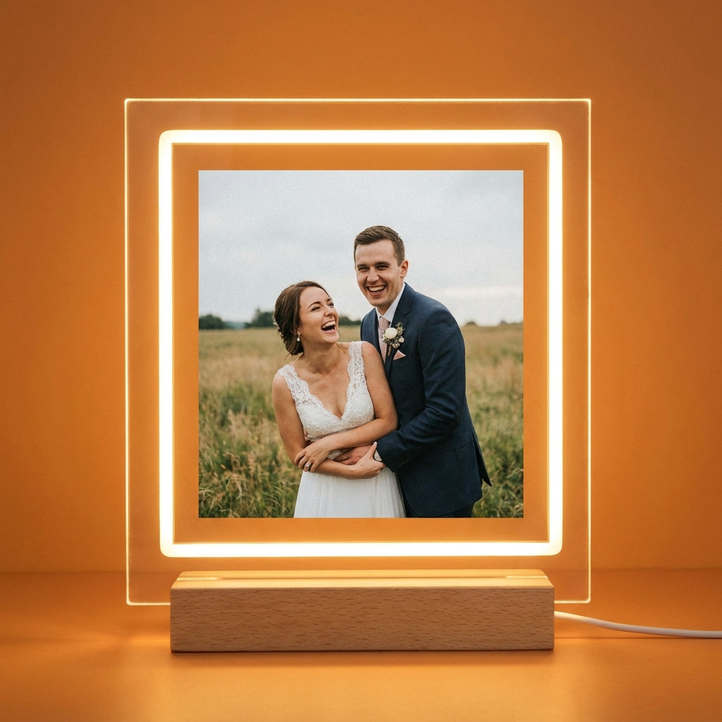 Lámpara marco de boda personalizada con nombres LED metacrilato