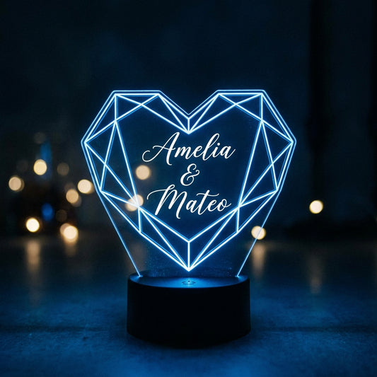 Lámpara corazón geométrico azul personalizada con nombres LED metacrilato