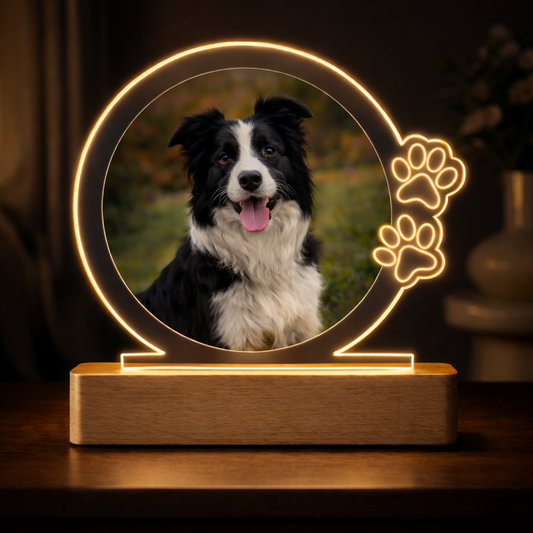 Lámpara Foto Familia con Mascotas Personalizada | LED Metacrilato Madera
