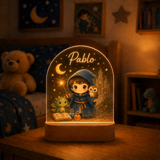 Lámpara mago infantil personalizada, variante Chico, diseño LAMGEN014