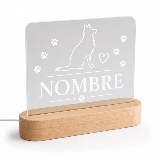 Lámpara LED personalizada para mascotas con nombre placa acrílica madera
