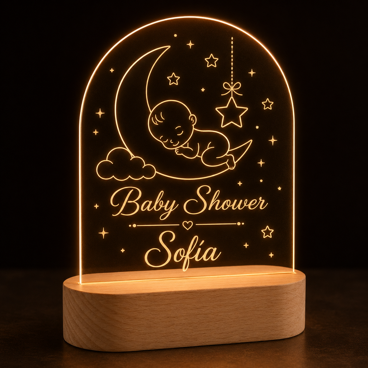 Lámpara baby shower personalizada con nombre LED metacrilato