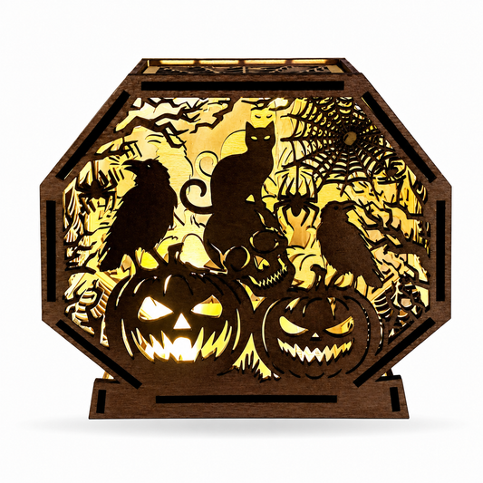 Lámpara Halloween personalizada calabaza con nombre acrílico y madera LED
