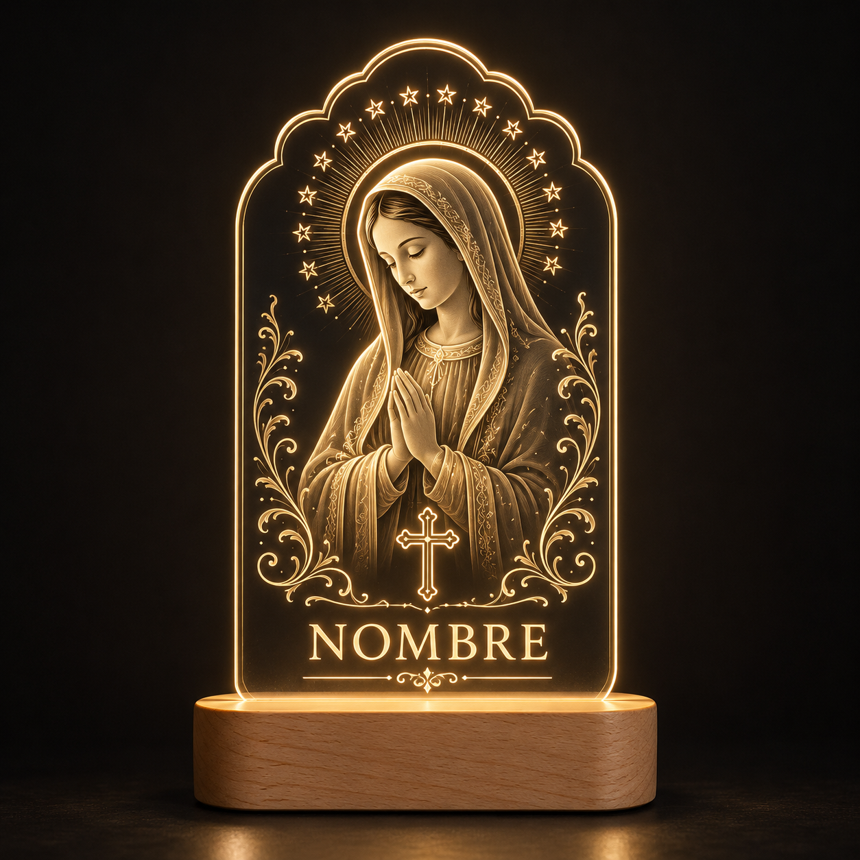 Lámpara religiosa personalizada Virgen o cruz LED metacrilato