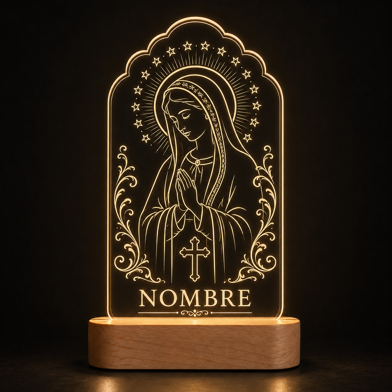 Lámpara religiosa personalizada Virgen o cruz diseño 2 LED metacrilato