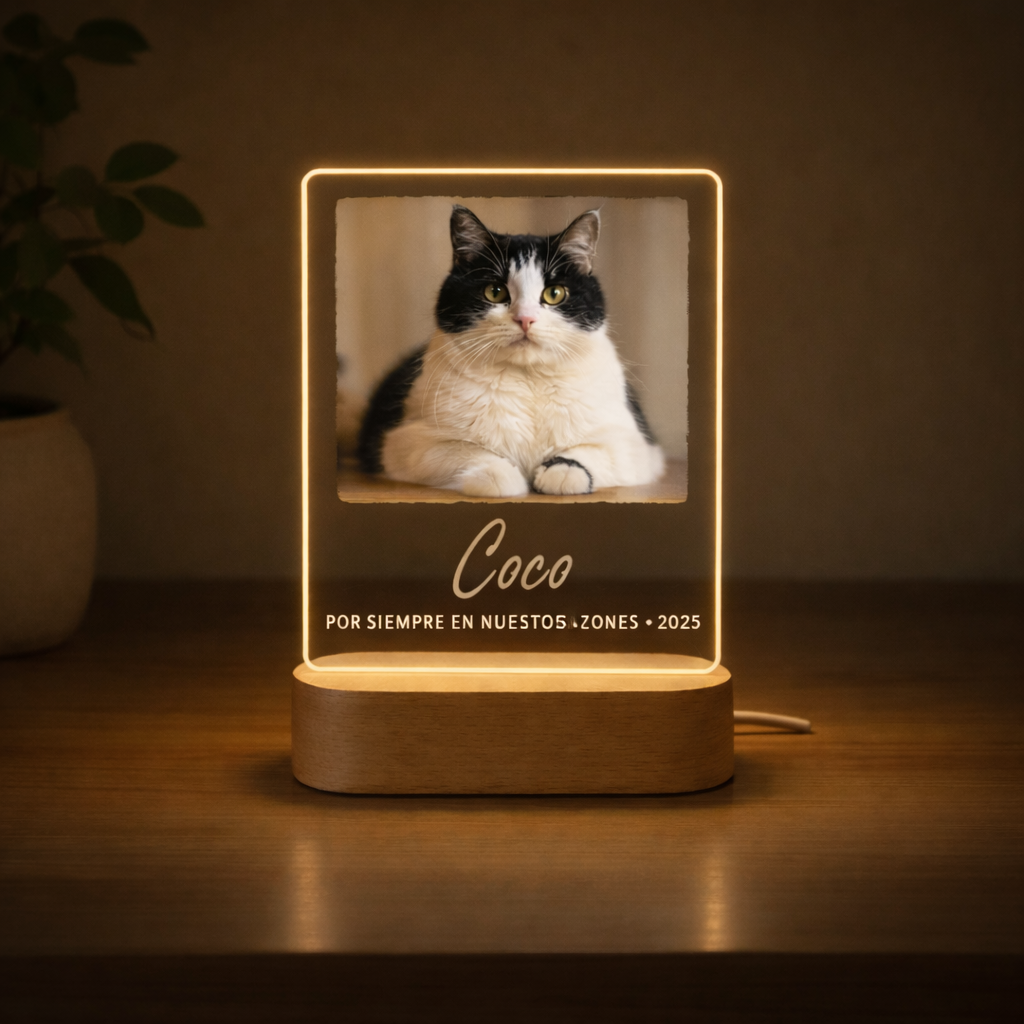 Lámpara con Foto de tu Gato Personalizada | LED Metacrilato Madera MDF