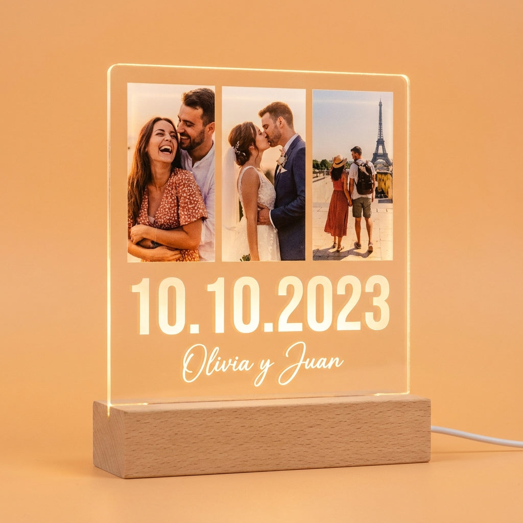 Lámpara de aniversario con fotos y fechas personalizada con nombre LED metacrilato madera haya