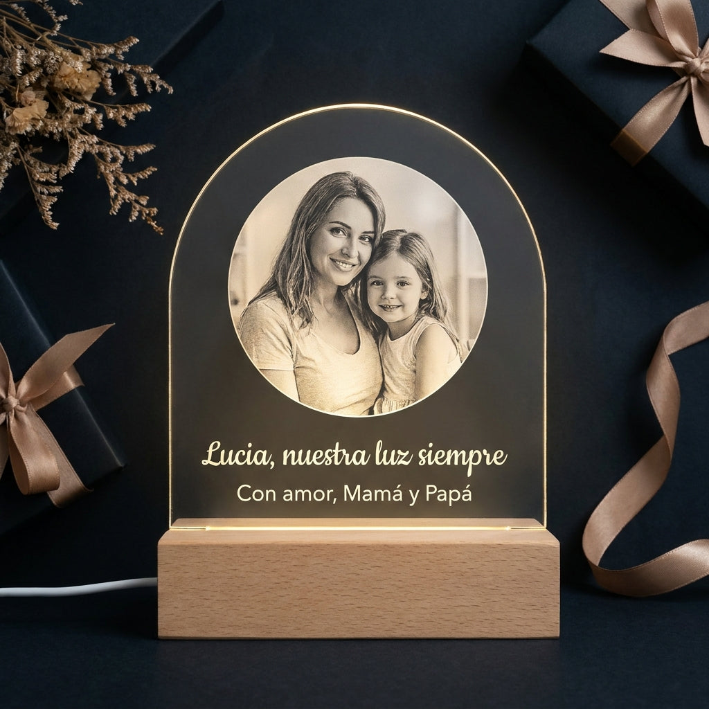 Lámpara arco con foto y texto para mamá personalizada LED metacrilato madera haya