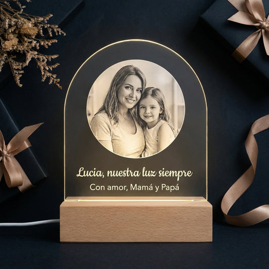 Lámpara arco con foto y texto para mamá personalizada LED metacrilato madera haya