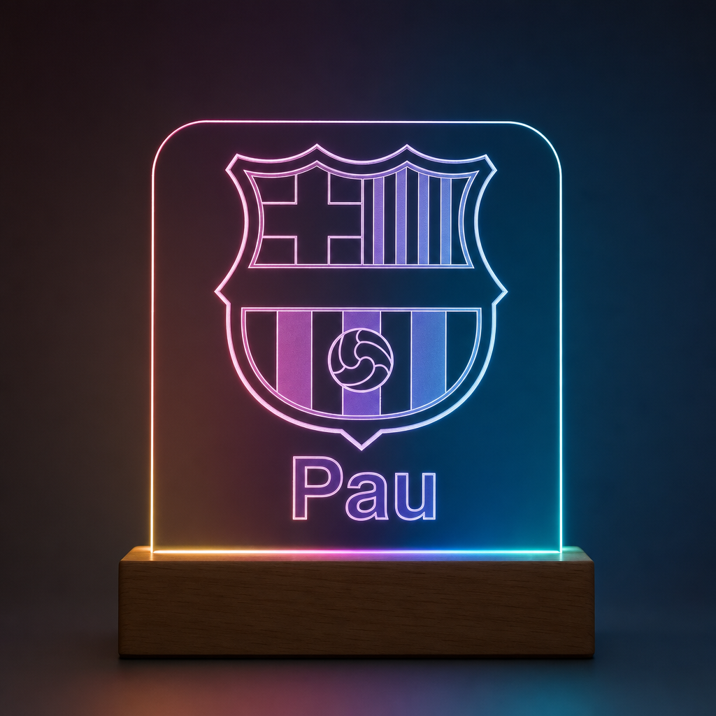 Lámpara Barcelona personalizada con nombre escudo culé LED metacrilato