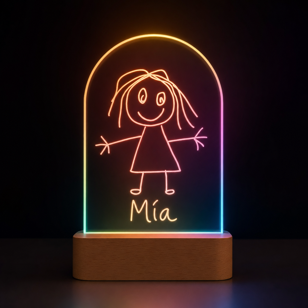 Lámpara con el dibujo de tu hijo personalizada LED metacrilato y madera