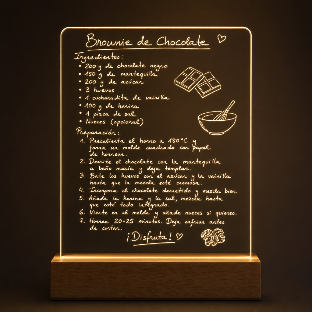 Lámpara con texto manuscrito personalizada receta o carta LED metacrilato