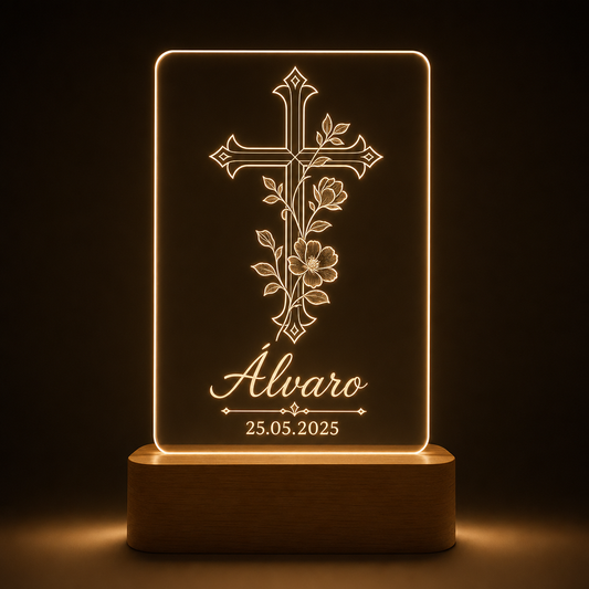 Lámpara de bautizo personalizada con nombre y fecha LED metacrilato