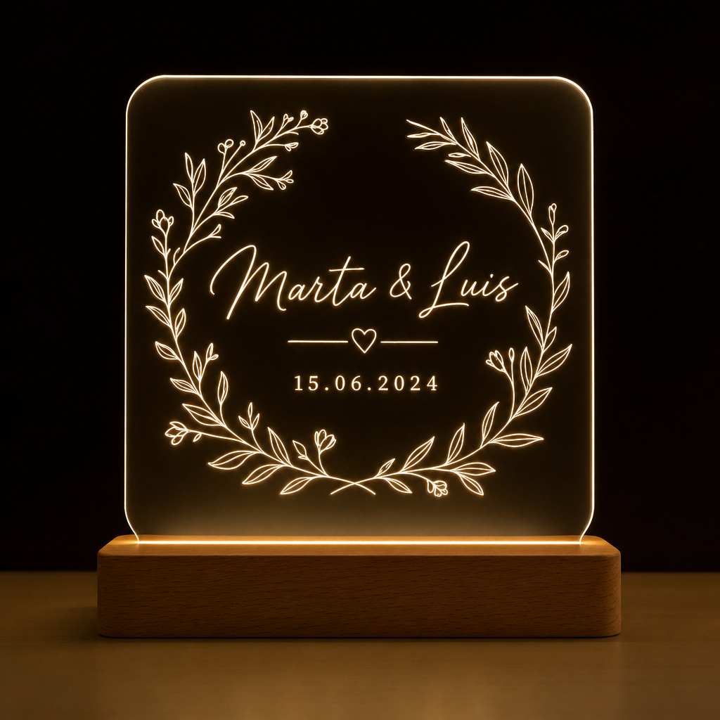 Lámpara personalizada con dos nombres y fecha LED metacrilato