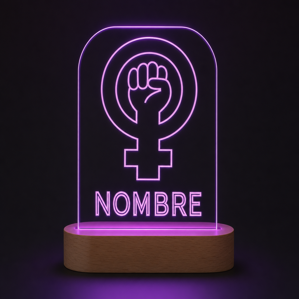 Lámpara feminista 8M personalizada con nombre LED metacrilato