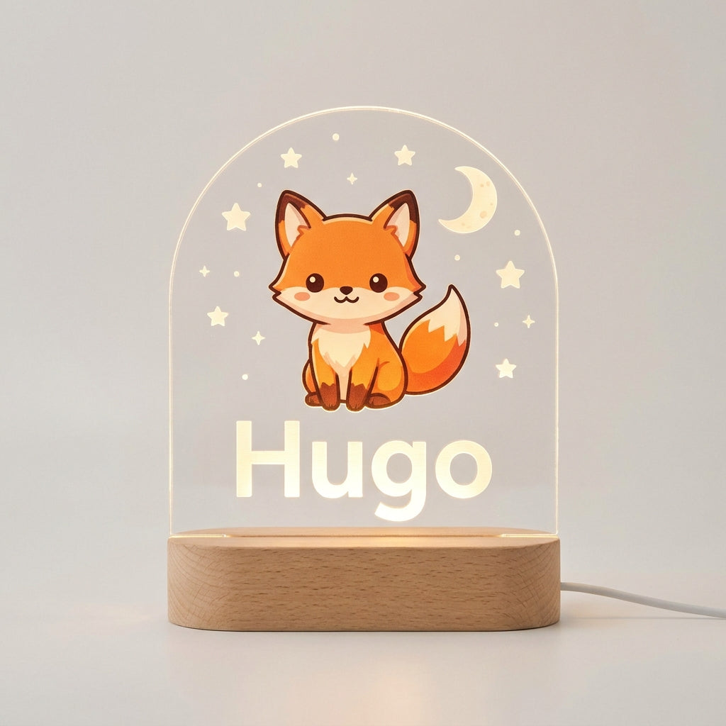 Lámpara infantil zorro kawaii personalizada con nombre LED metacrilato madera haya