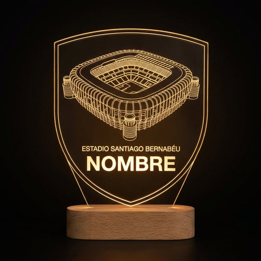 Lámpara LED metacrilato Real Madrid estadio Santiago Bernabéu personalizada con nombre