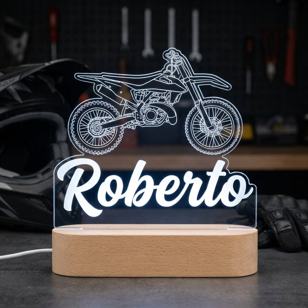 Lámpara de moto line art personalizada con nombre LED metacrilato madera haya