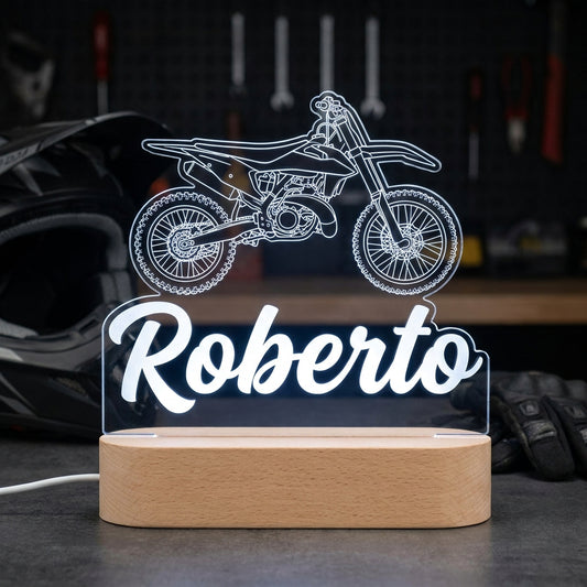 Lámpara de moto line art personalizada con nombre LED metacrilato madera haya