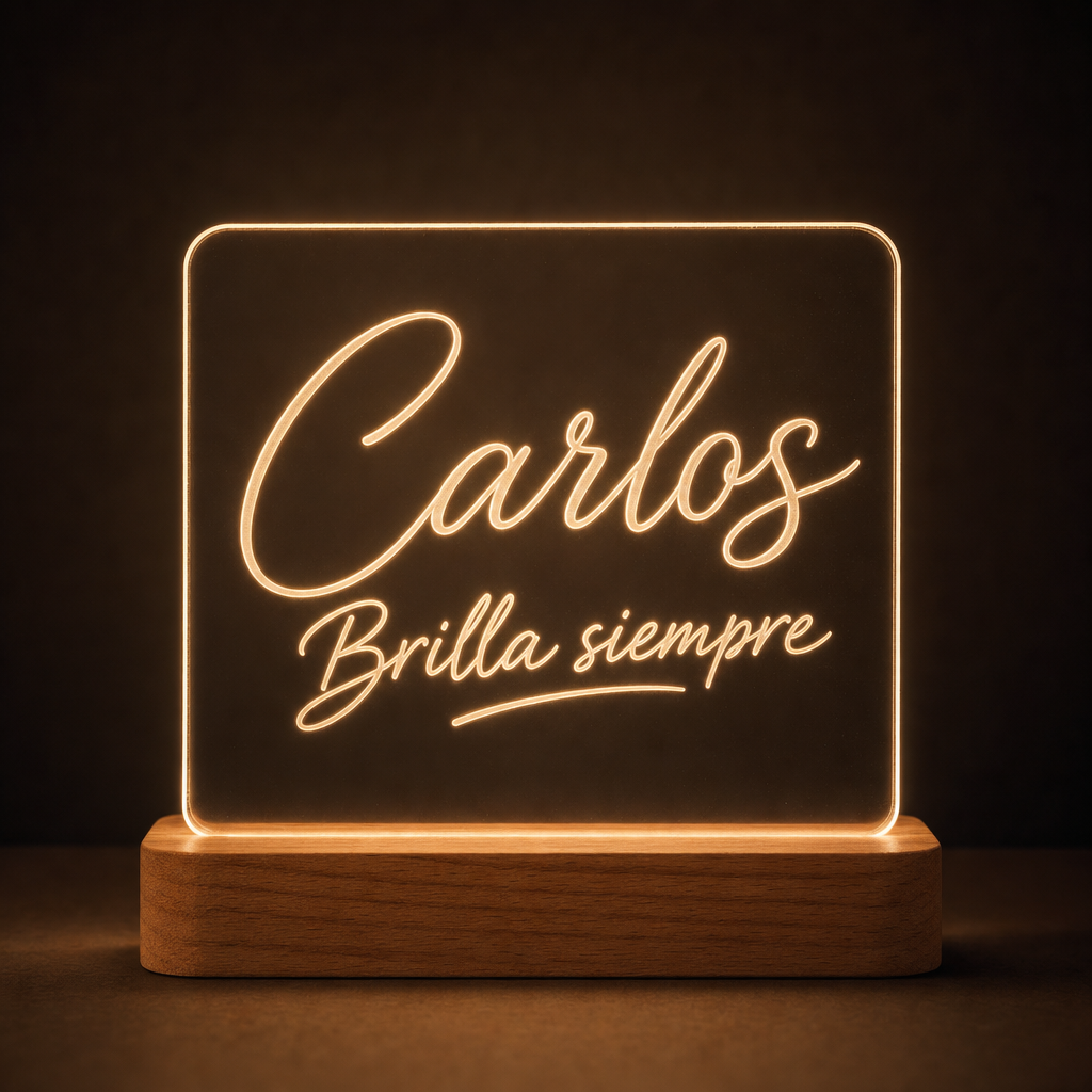 Lámpara con nombre y frase personalizada LED metacrilato madera